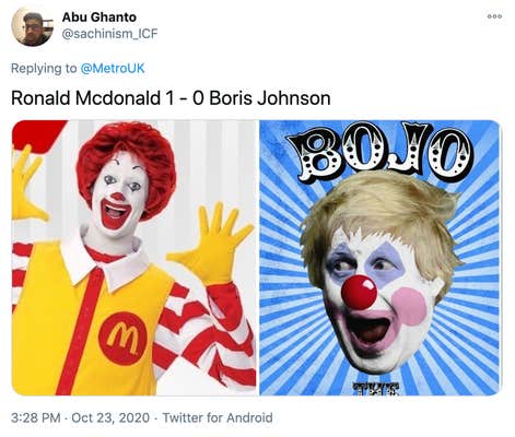 "Ronald Mcdonald 1 - 0 Boris Johnson" picture of Ronald MacDonald next to image of Boris Johnson made up to look like a clown