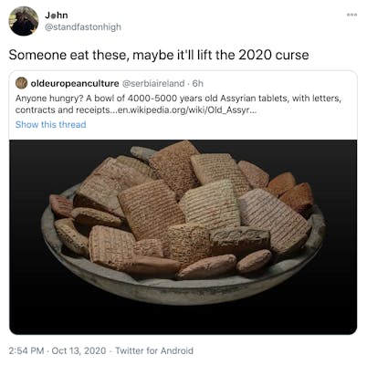 "Someone eat these, maybe it'll lift the 2020 curse" embed of original tweet