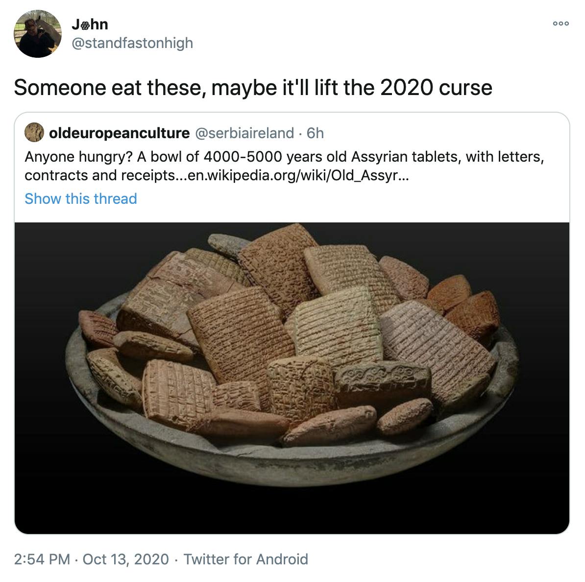 'Someone eat these, maybe it'll lift the 2020 curse' embed of original tweet