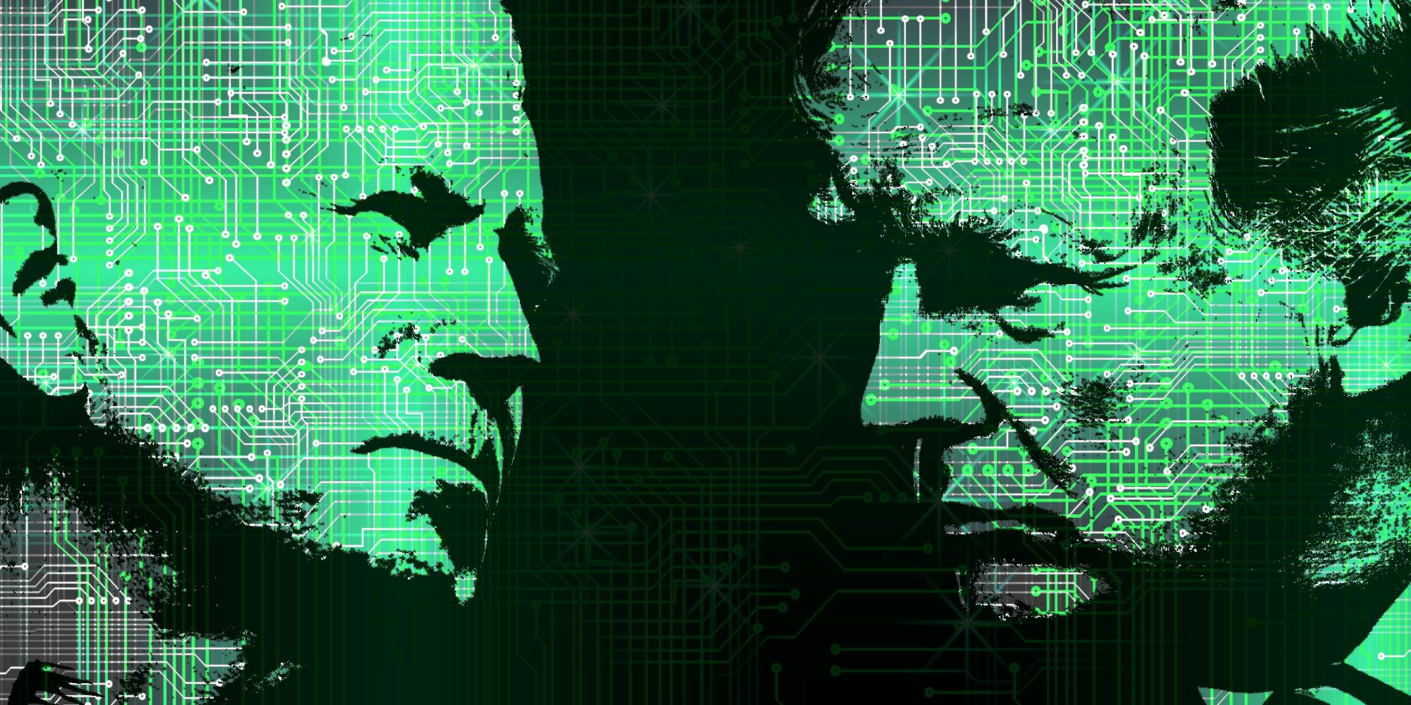 Joe Biden and Donald Trump faces made from circuit board imagery