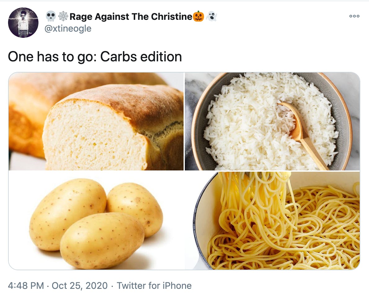 'One has to go: Carbs edition' pictures of bread, rice, potatoes and pasta
