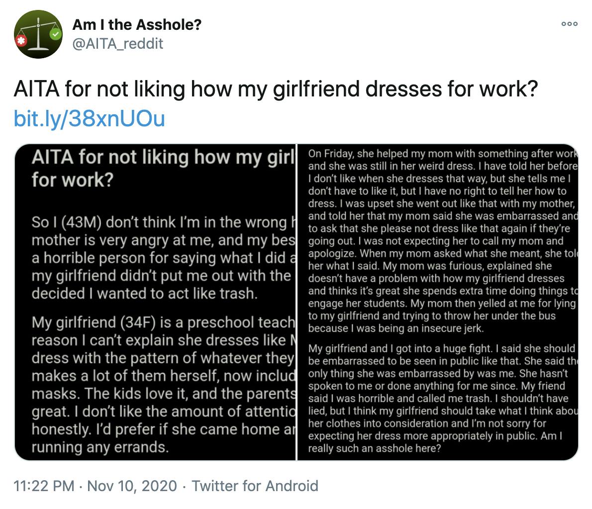'AITA for not liking how my girlfriend dresses for work? https://bit.ly/38xnUOu' screenshot of the post