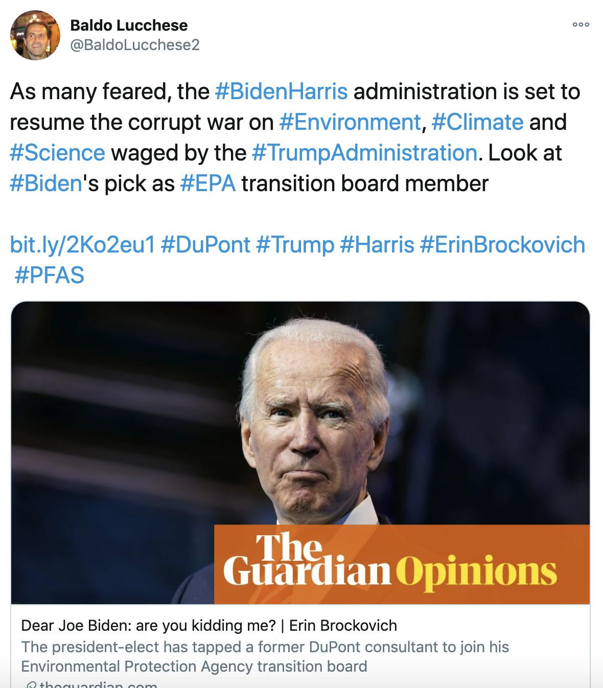 As many feared, the #BidenHarris administration is set to resume the corrupt war on #Environment, #Climate and #Science waged by the #TrumpAdministration. Look at #Biden's pick as #EPA transition board member https://bit.ly/2Ko2eu1 #DuPont #Trump #Harris #ErinBrockovich #PFAS