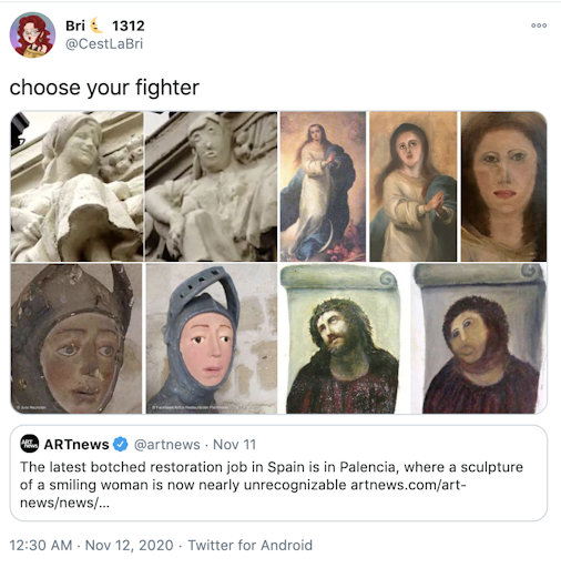 "choose your fighter" before and after pictures of the statue, the melted Mary, Playmobile St. George and Ecce Homo