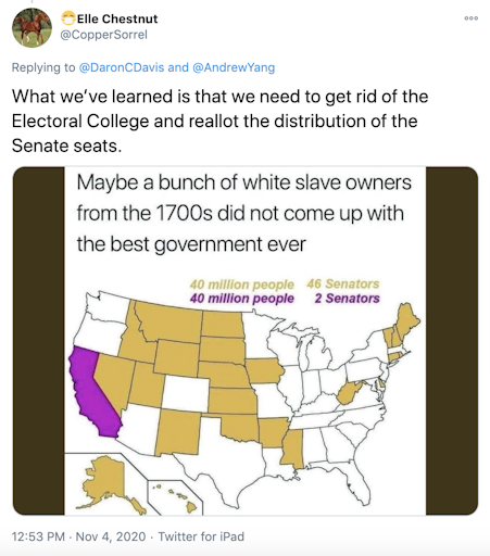 "What we’ve learned is that we need to get rid of the Electoral College and reallot the distribution of the Senate seats." the electoral college map in brown and purple, showing the ratio of population numbers to senators in each state