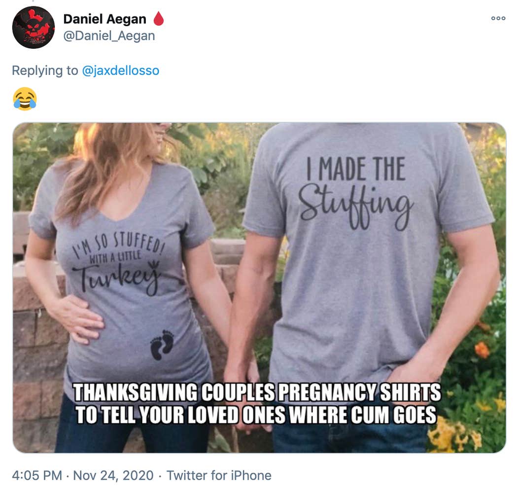 The original image with "Thanksgiving couples pregnancy shirts to tell your loved ones where cum goes"