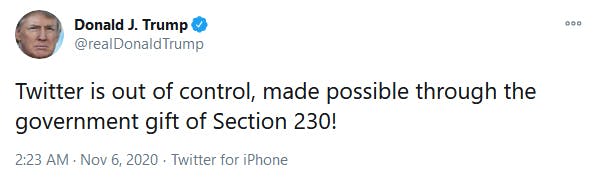 Donald Trump Twitter Section 230 Election 2020 Tweet