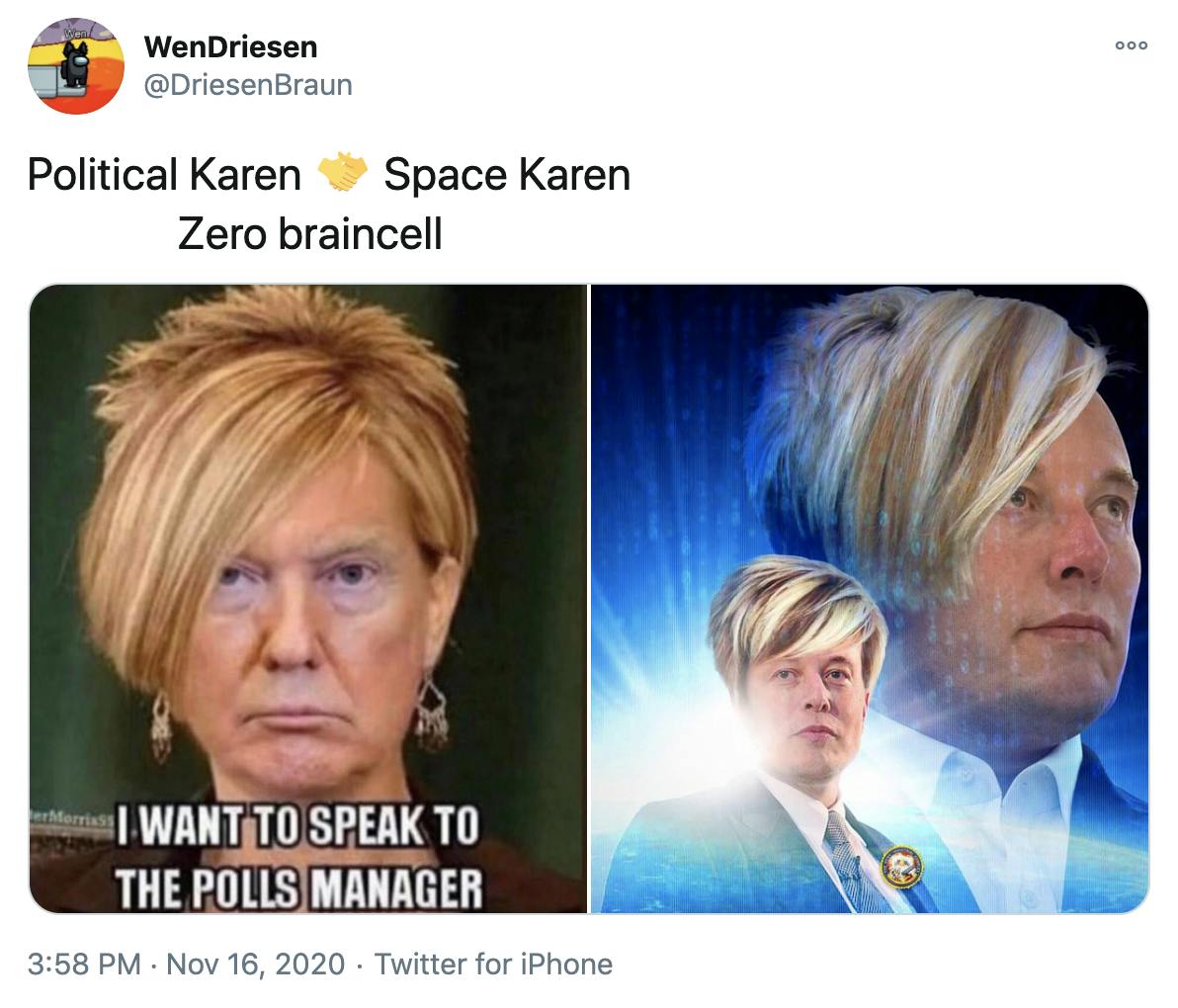 'Political Karen Handshake Space Karen Zero braincell' The President Karen meme next to the Elon Musk Karen against the starburst meme