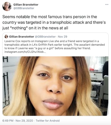 Seems notable the most famous trans person in the country was targeted in a transphobic attack and there's just *nothing* on it in the news at all