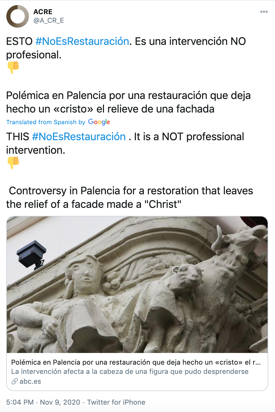 ESTO #NoEsRestauración. Es una intervención NO profesional. Thumbs down Polémica en Palencia por una restauración que deja hecho un «cristo» el relieve de una fachada Translated from Spanish by THIS #NoEsRestauración . It is a NOT professional intervention. Thumbs down Controversy in Palencia for a restoration that leaves the relief of a facade made a 'Christ'