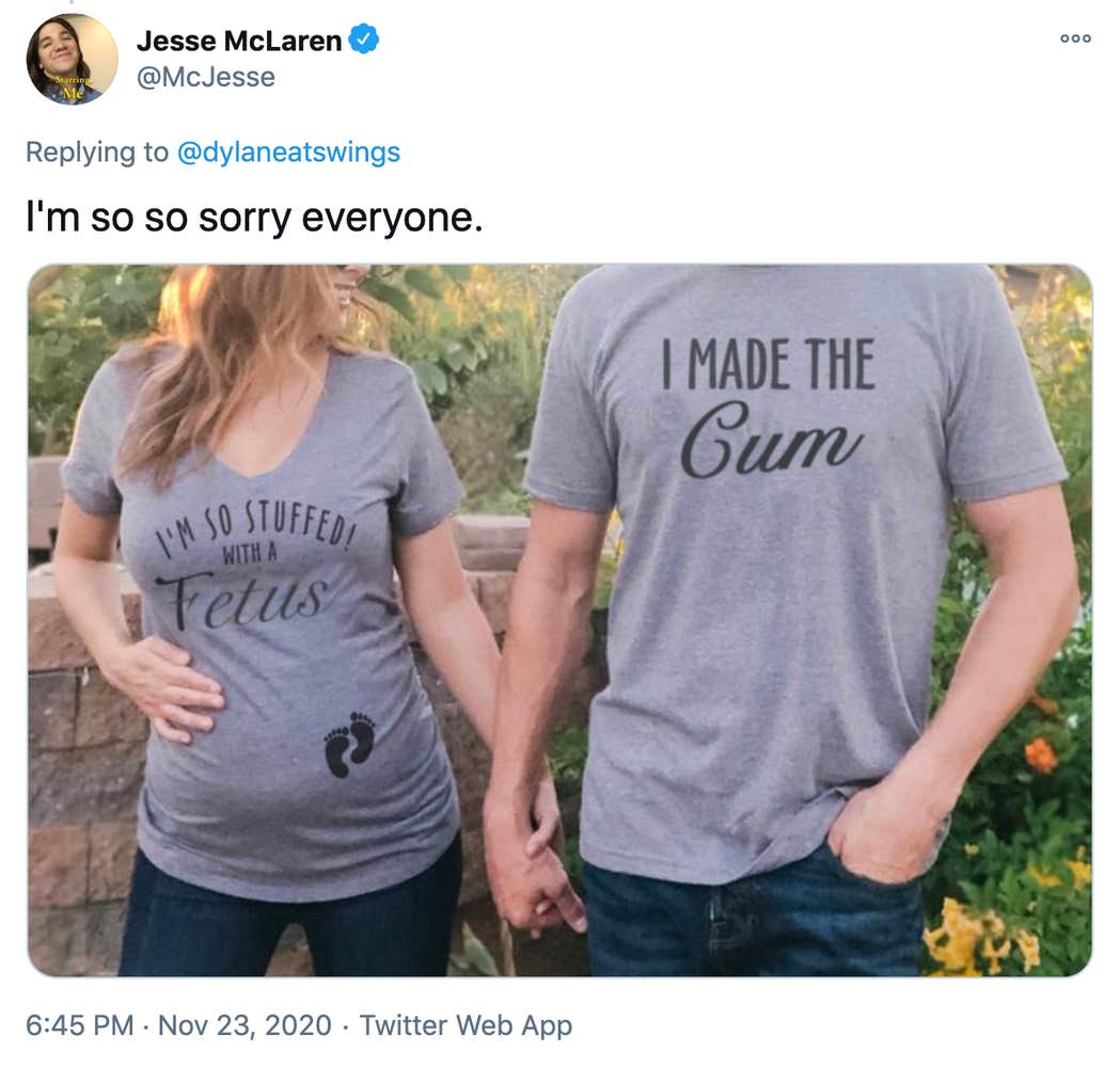 "I'm so so sorry everyone." the original image with the text replaced to say "I'm so stuffed with a foetus" and "I made the cum"
