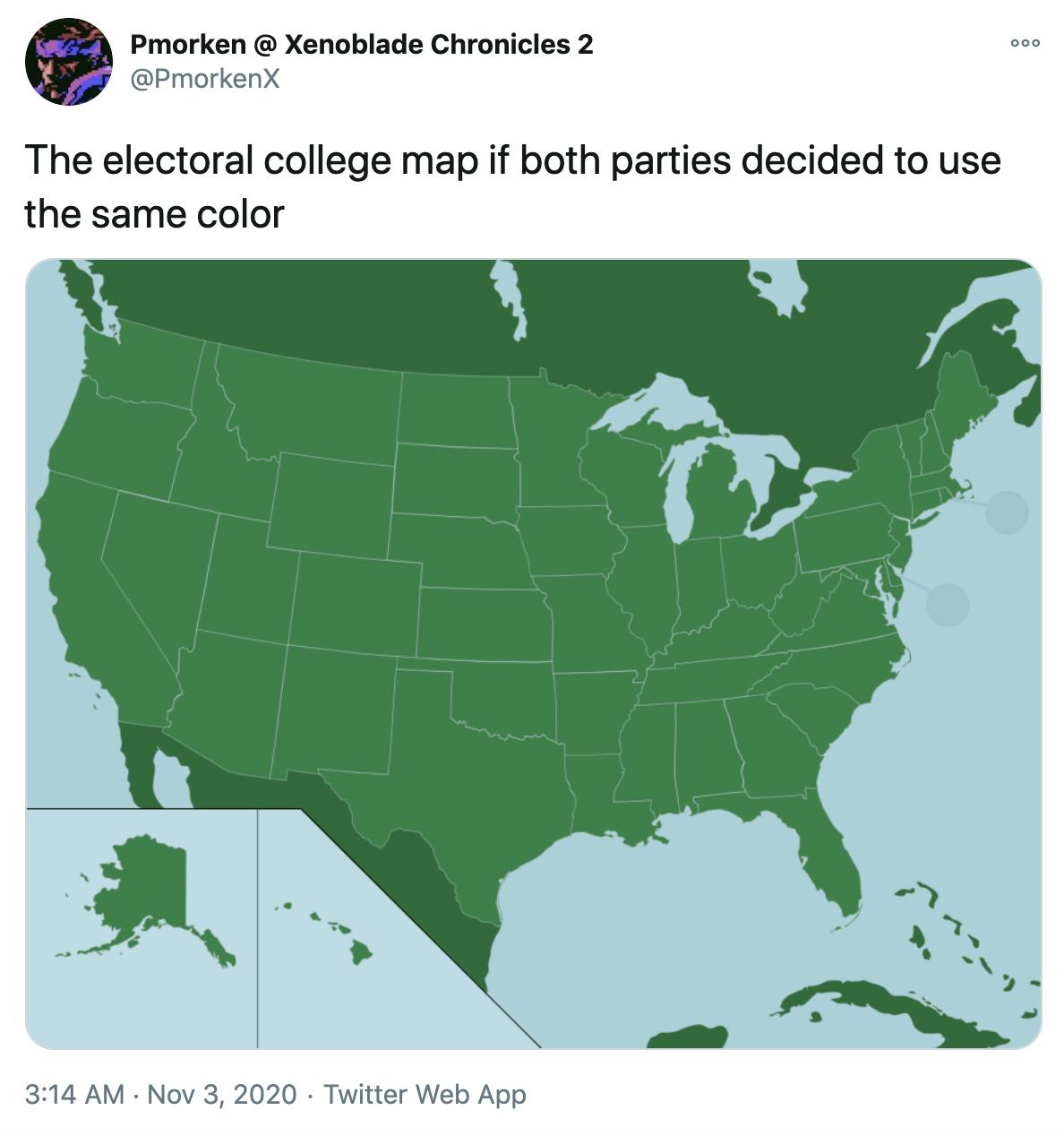'The electoral college map if both parties decided to use the same color' entirely green unlabelled electoral college map