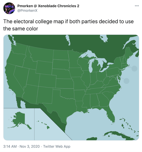 "The electoral college map if both parties decided to use the same color" entirely green unlabelled electoral college map