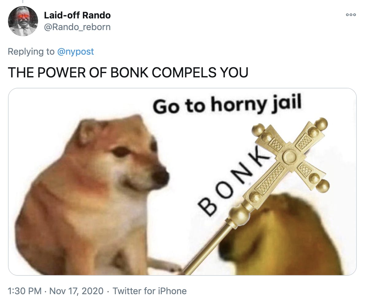 'POWER OF BONK COMPELS YOU' the same shiba inu meme but featuring the pope's staff instead of a bat