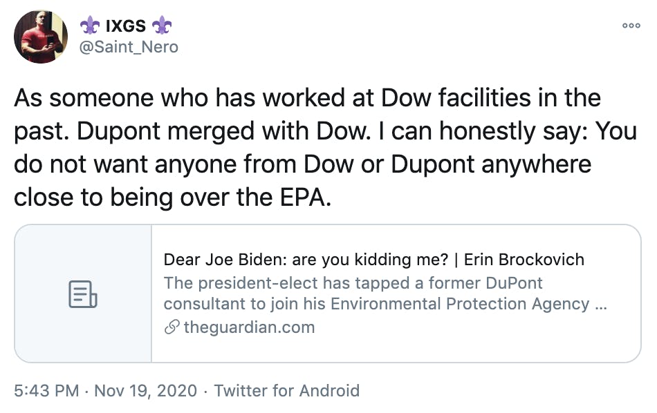 As someone who has worked at Dow facilities in the past. Dupont merged with Dow. I can honestly say: You do not want anyone from Dow or Dupont anywhere close to being over the EPA.