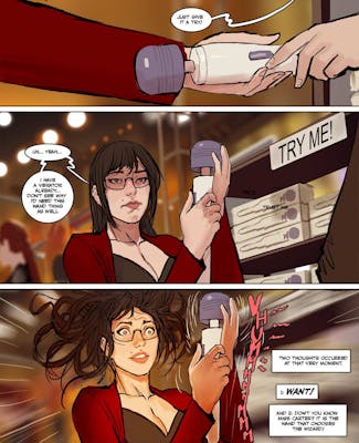 Panels from Sunstone Free Adult Comics showing a character holding a vibrator in a store