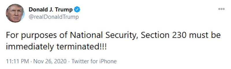 Trump Section 230 National Security Tweet