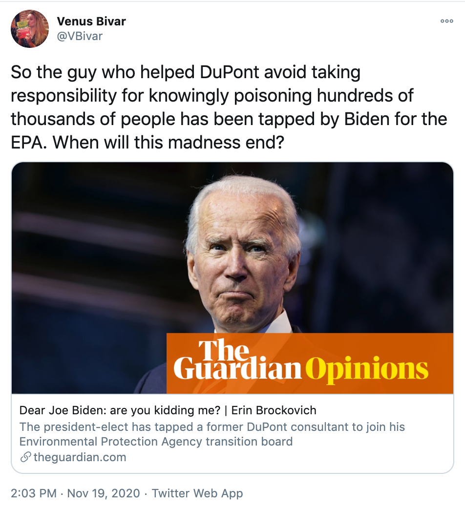 So the guy who helped DuPont avoid taking responsibility for knowingly poisoning hundreds of thousands of people has been tapped by Biden for the EPA. When will this madness end?