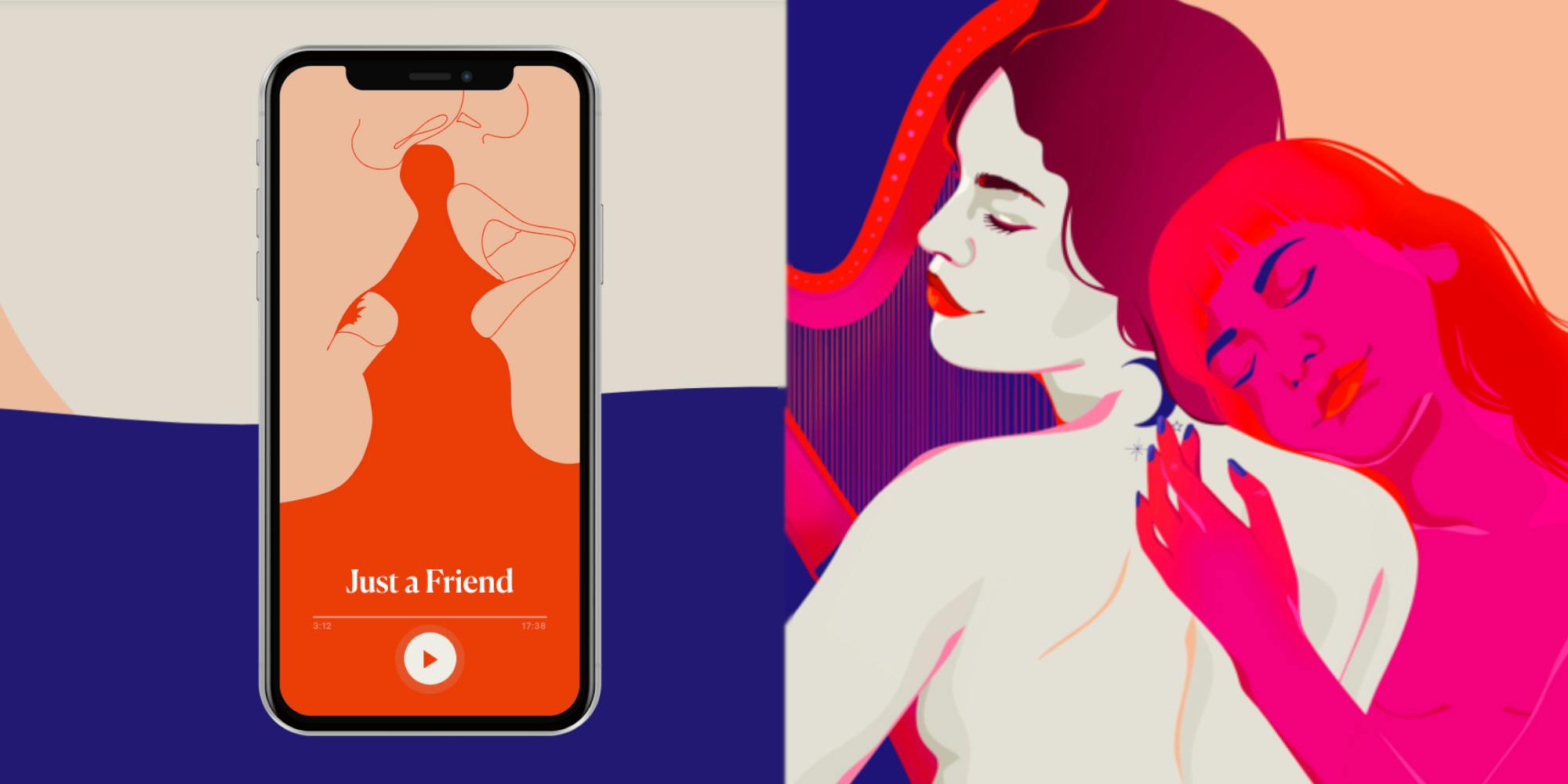 Illustration of phone with Dipsea app next to an illustration of two women embracing.