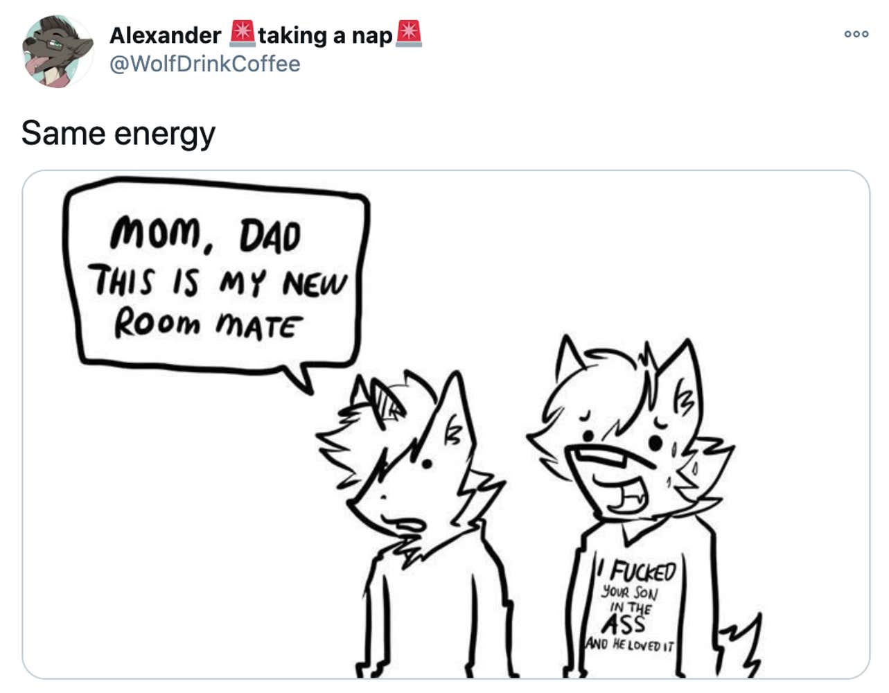 Cartoon drawing of a furry couple, one says "Mon, Dad, this is my new room mate" and the other is wearing a t shirt saying "I fucked your son in the ass and he loved it"
