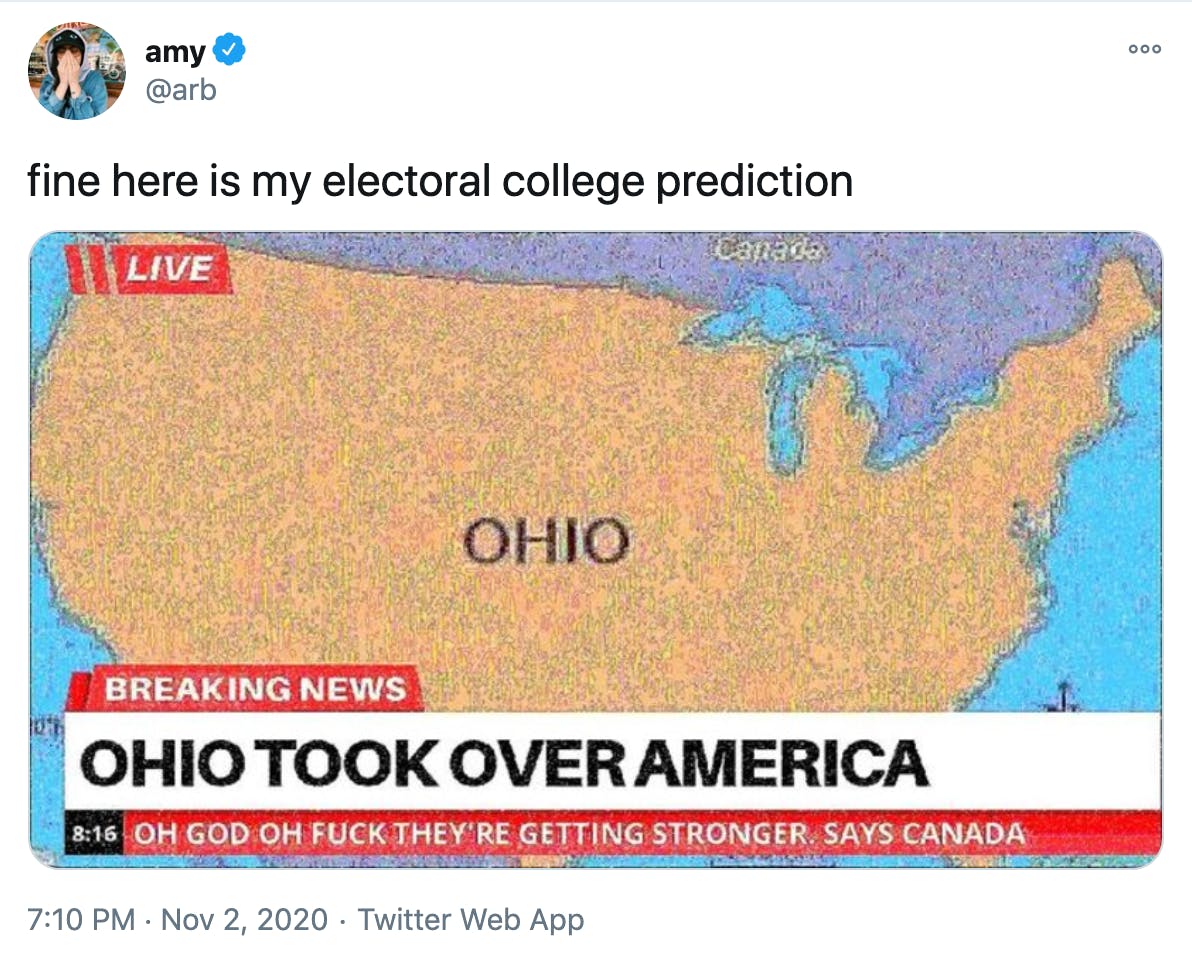 'fine here is my electoral college prediction' A map of the US covered in grainy yellow and labelled Ohio with the BBC news style caption 'Ohio took over America'