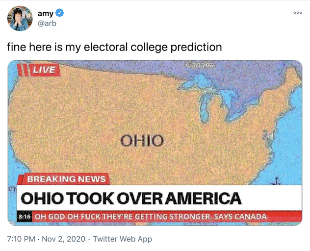 "fine here is my electoral college prediction" A map of the US covered in grainy yellow and labelled Ohio with the BBC news style caption "Ohio took over America"