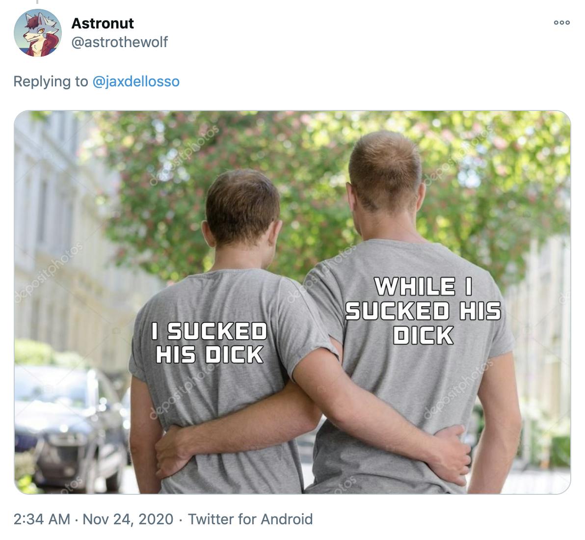 A stock photo of two white men with their arms around each other taken from behind. One shirt says 'I sucked his dick' and the other says 'While I sucked his dick'