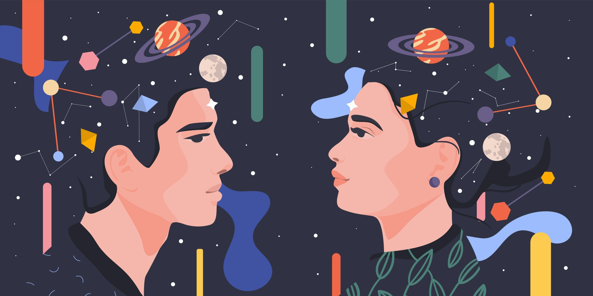 Image of two people staring at each other and the planets and zodiac signs that make them up.