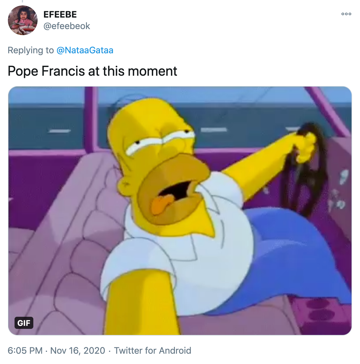 'Pope Francis at this moment' gif of Homer Simpson sitting in a car and reaching towards the viewer with an open mouthed desiring face