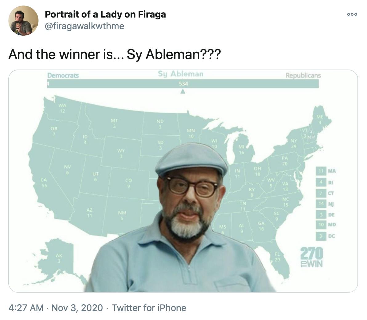 'And the winner is... Sy Ableman???' picture of Sy Alberman dressed in mint green with the map behind coloured the same