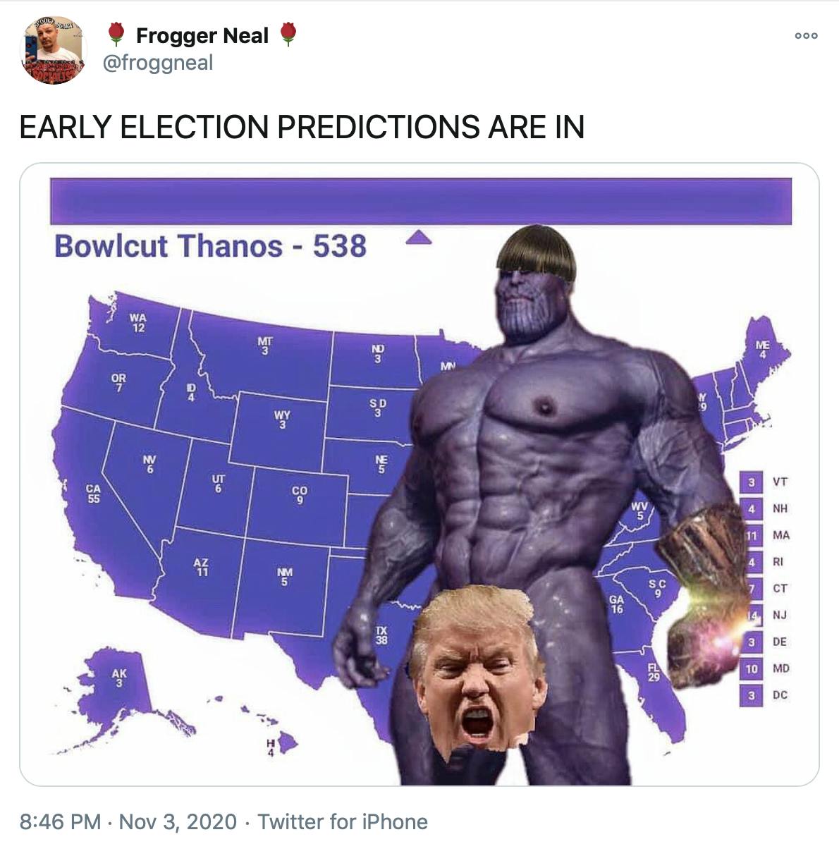 'EARLY ELECTION PREDICTIONS ARE IN' image of the electoral college map coloured purple with a naked toupee wearing Thanos in front of it, a picture of Donald Trump's head looking angry in front of his crotch