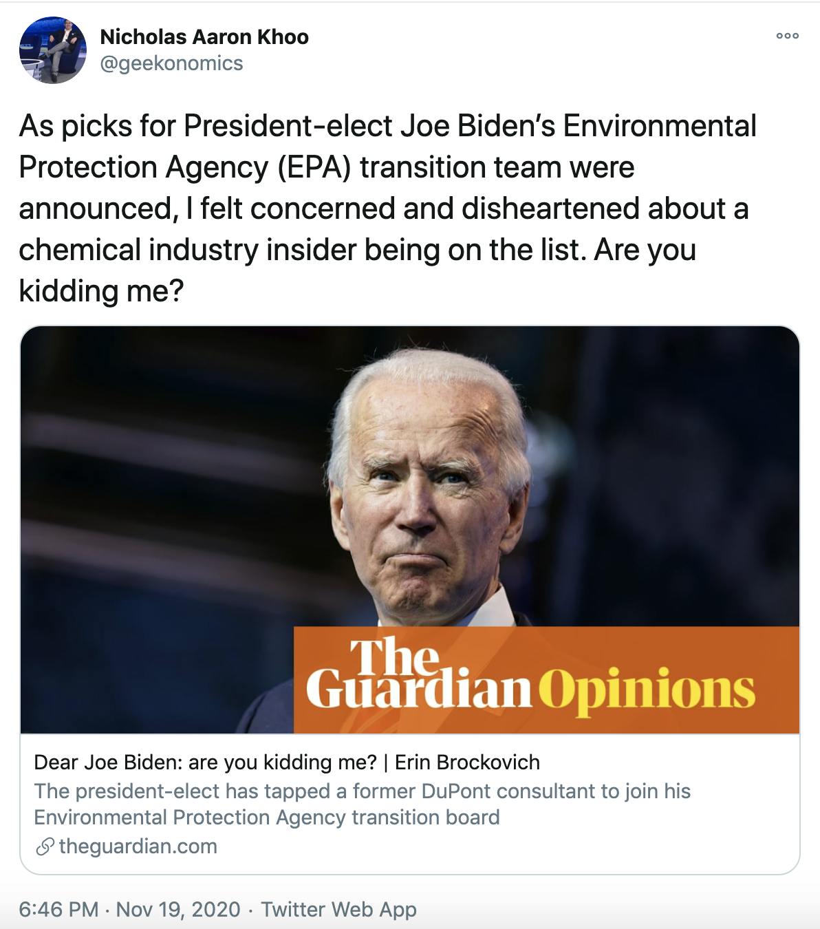 As picks for President-elect Joe Biden’s Environmental Protection Agency (EPA) transition team were announced, I felt concerned and disheartened about a chemical industry insider being on the list. Are you kidding me?