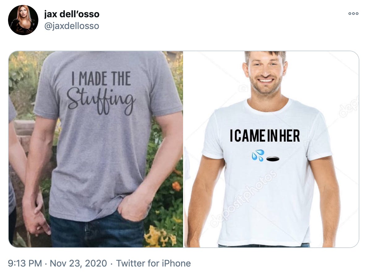the original t shirt side by side with a white man in a white shit with the words 'I came in her' and the water drop emoji on it