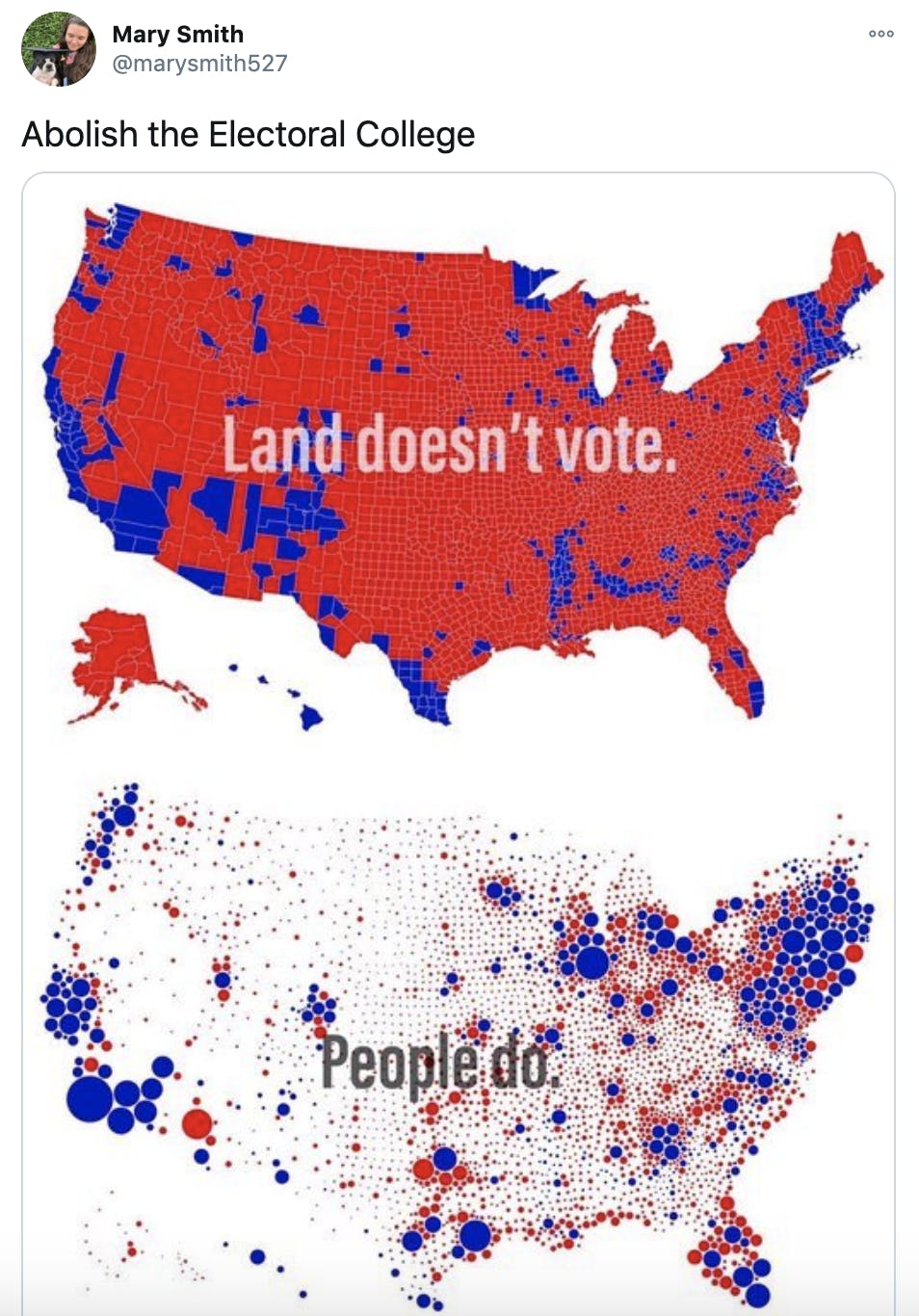 'Abolish the Electoral College ' two maps showing voting power vs population numbers and the slogan 'land doesn't vote'