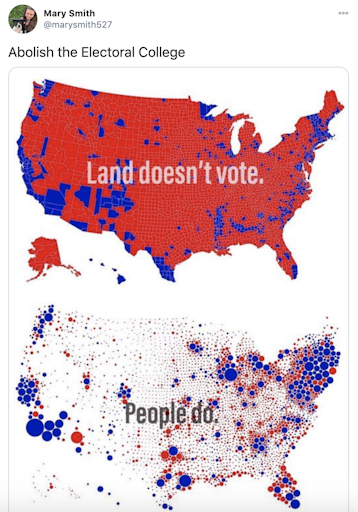 "Abolish the Electoral College " two maps showing voting power vs population numbers and the slogan "land doesn't vote"