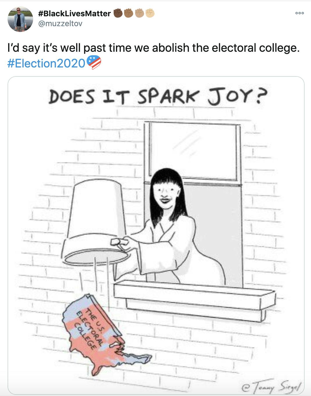 'https://twitter.com/muzzeltov/status/1323710045784256514' cartoon of Marie Kondo throwing the electoral college out the window with the caption 'Does it spark joy?'