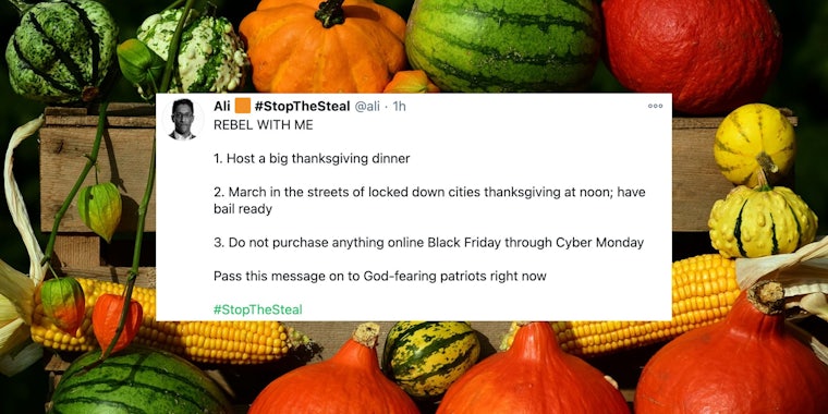 A tweet about rebelling on Thanksgiving