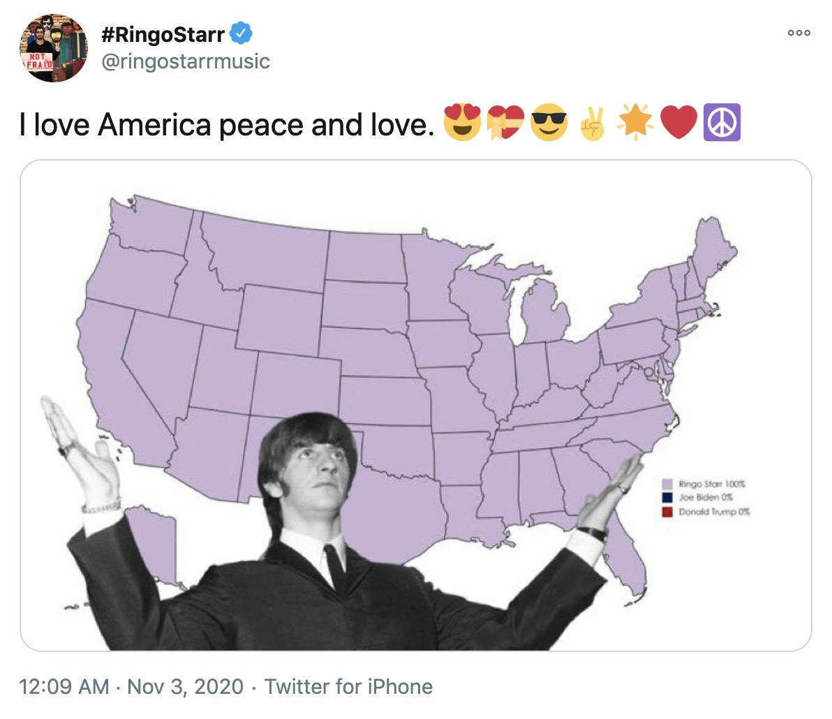 'I love America peace and love. Smiling face with heart-shaped eyesHeart with ribbonSmiling face with sunglassesVictory handGlowing starRed heartPeace symbol' image of the electoral college map all in purple with a black and white photo of Ringo Starr holding his arms out in front of it