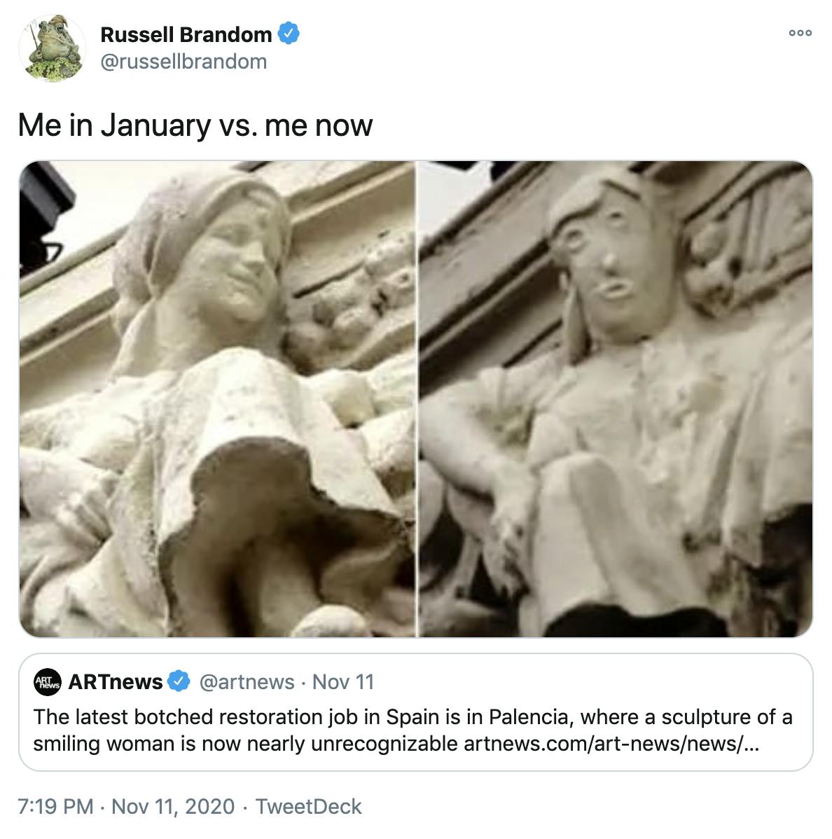 'Me in January vs. me now ' a photograph of the original, realistic sculpture next to the restored version with it's blobby abstract features