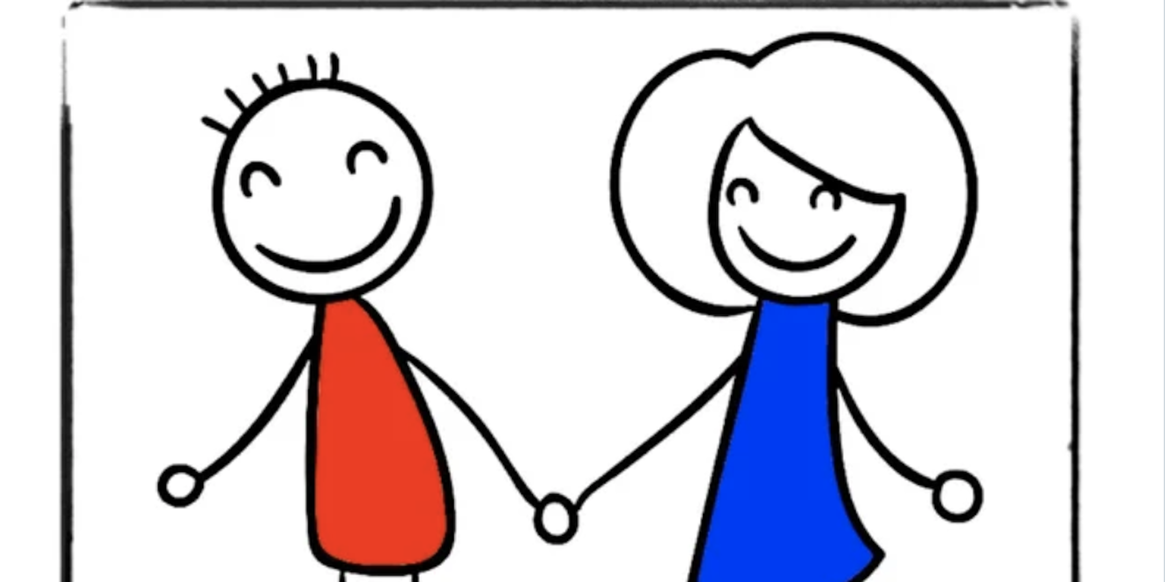 A male stick figure in red and a female stick figure in blue hold hands