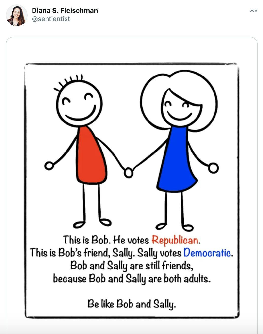 Picture of two stick figures, a man in a red top and a woman in a blue top with text meant to look handwritten that says 'This is Bob. He voted Republican. This is Bob's friend, Sally. Sally votes democrat. Bob and Sally are still friends, because Bob and Sally are both adults. Be like Bob and Sally'