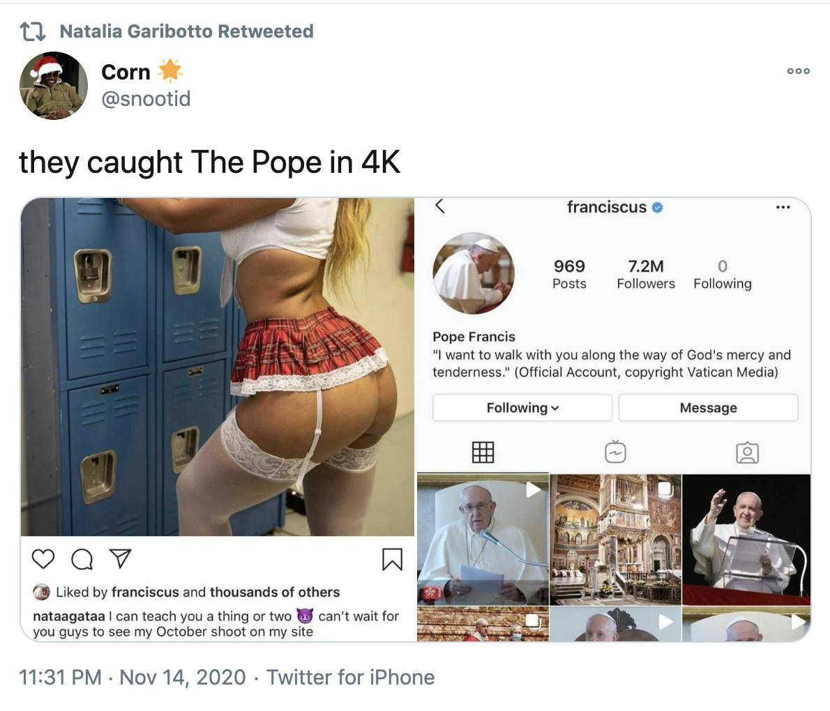 'they caught The Pope in 4K' screenshots of the instagram post with the pope's account having liked it and of the pope's account itself