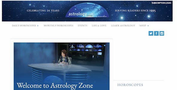 Screenshot of the AstrologyZone homepage, showcasing all the astrology reports offered on the site, including insight into Gemini compatibility