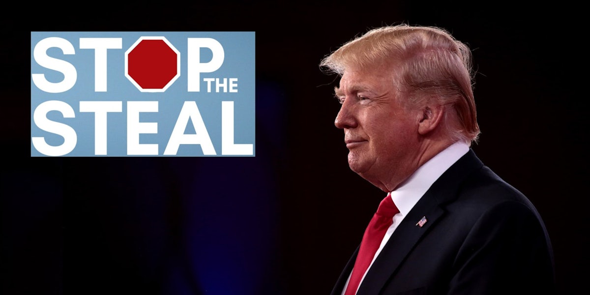 Donald Trump next to the 'Stop The Steal' logo