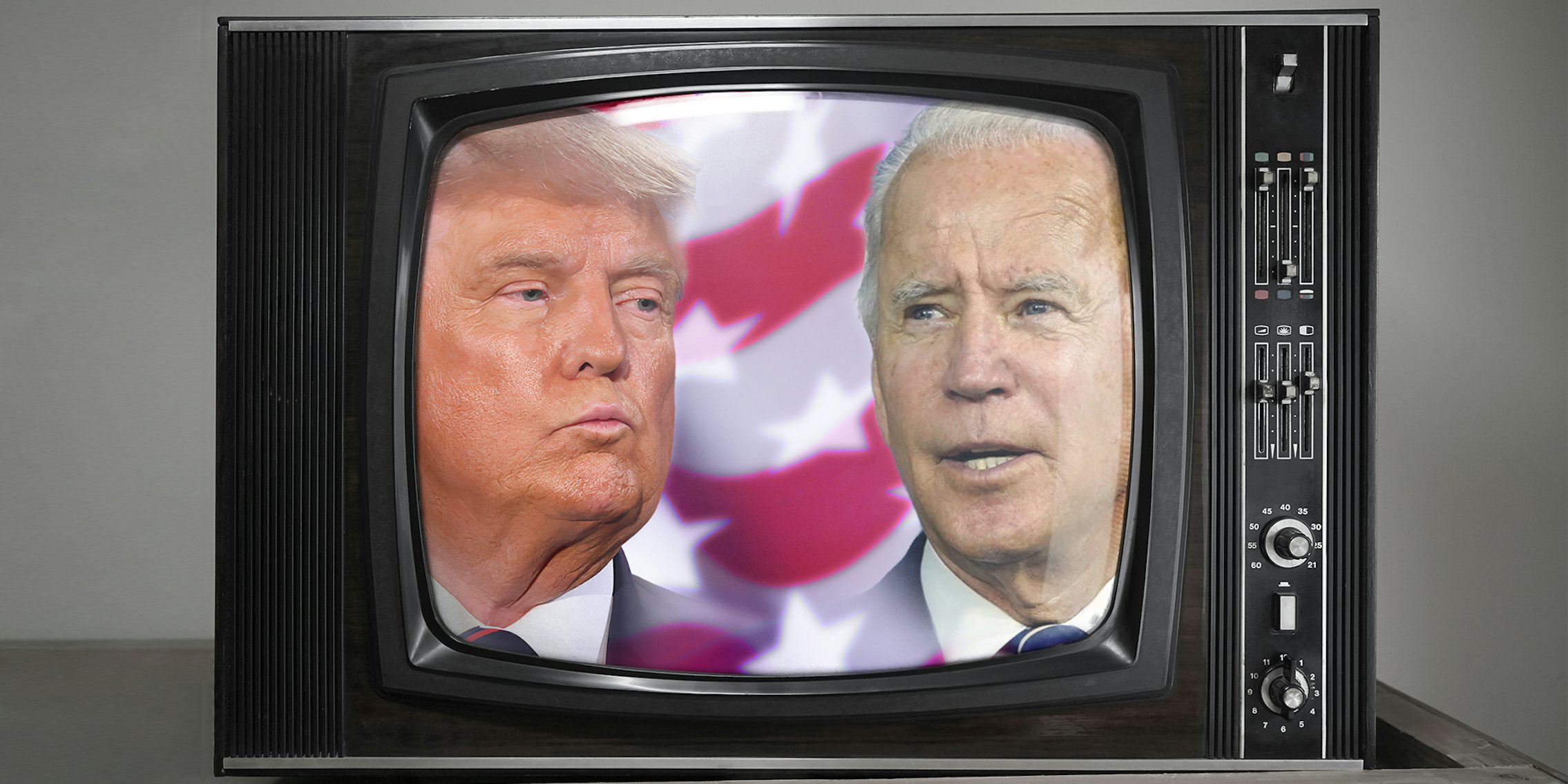 donald trump and joe biden on an old television set