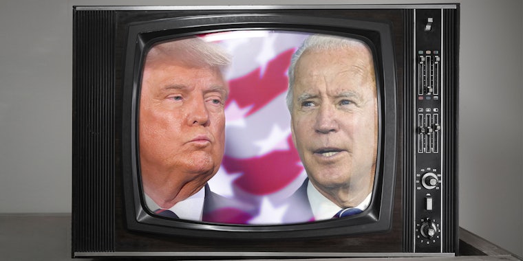 donald trump and joe biden on an old television set