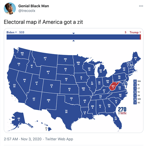 "Electoral map if America got a zit" image of the electoral college all in blue except for West Virginia which is red