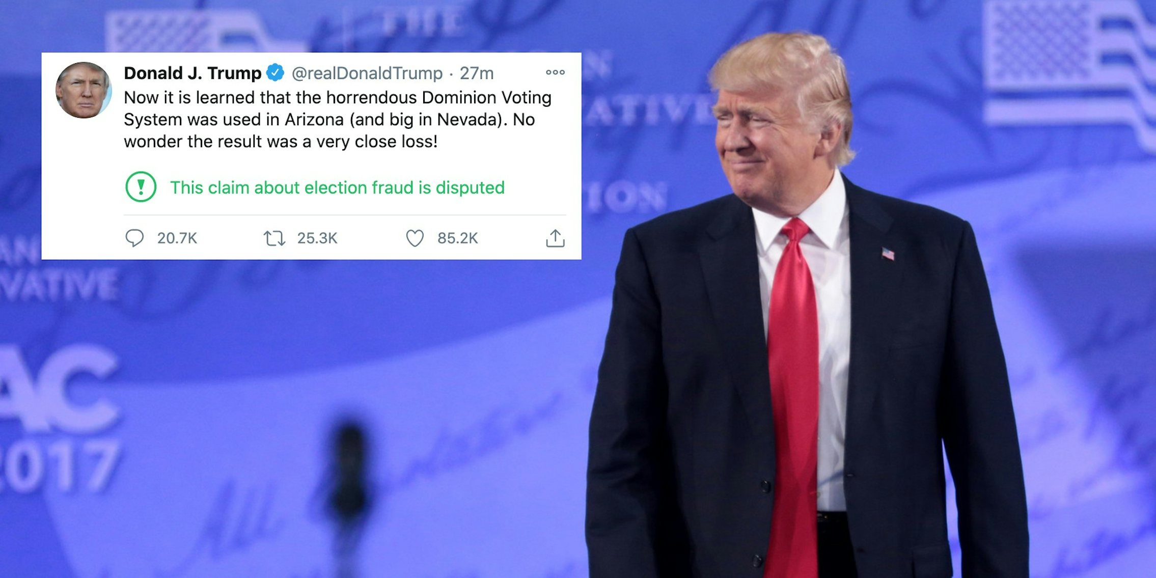 Donald Trump next to a conspiratorial tweet