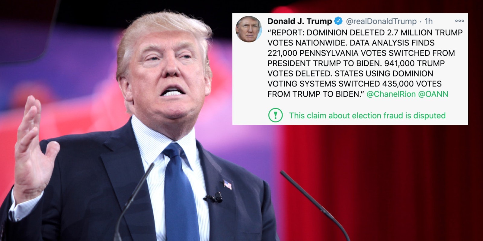 President Donald Trump next to a false tweet about election fraud