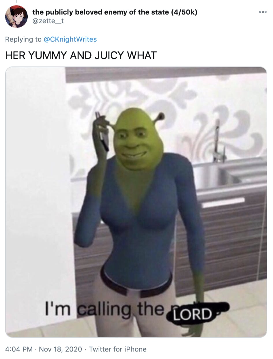 'HER YUMMY AND JUICY WHAT' meme of the female sim with Shrek's head on the phone and the caption 'I'm calling the Lord'